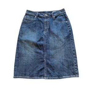Chico’s dark wash denim midi skirt